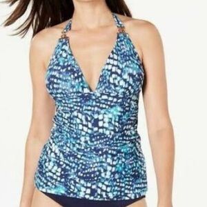NWT Calvin Klein Printed Halter Navy Tankini Swim Top